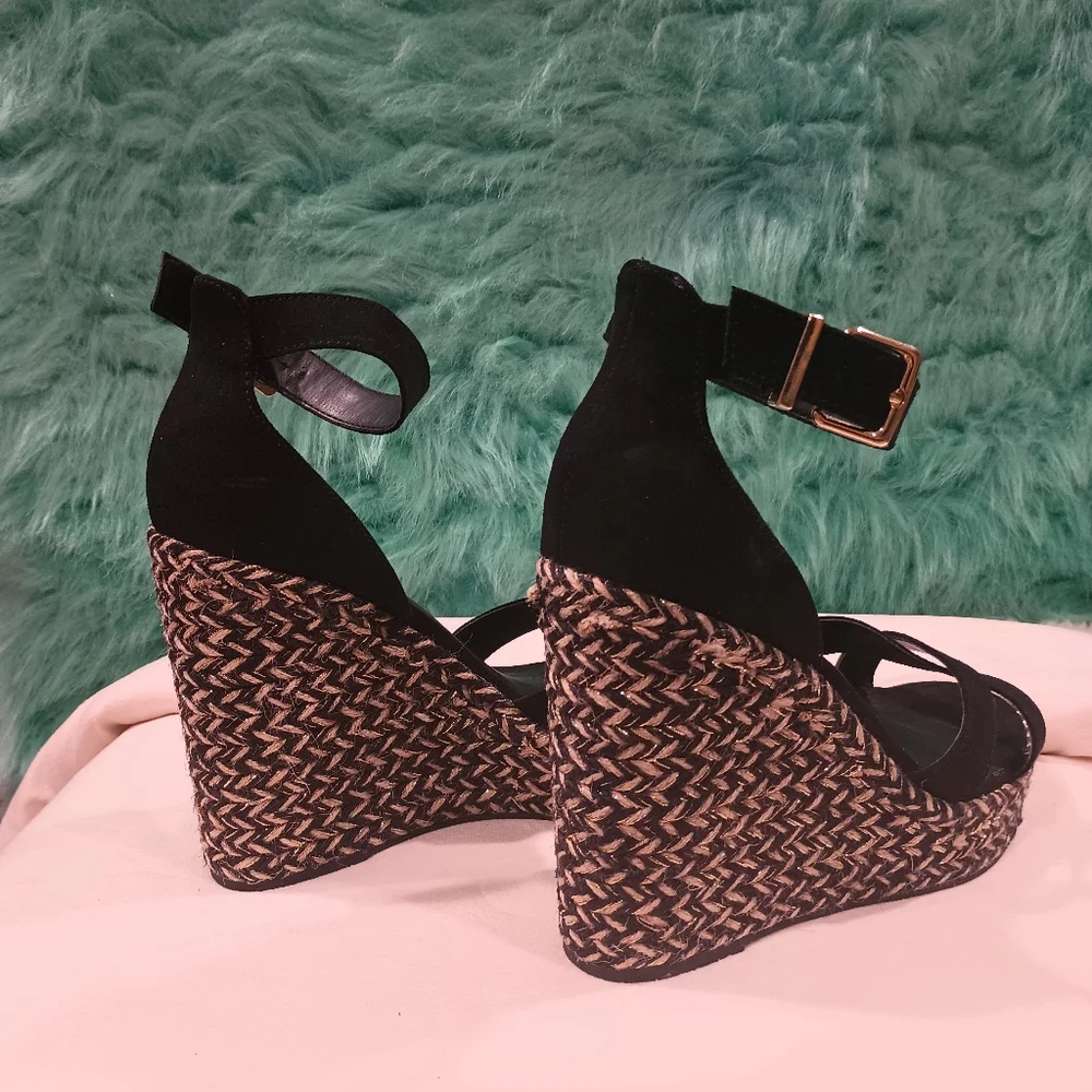 Express Espadrille Black and Tan Open Toe Ankle Strap High Wedge Sandals Size 9